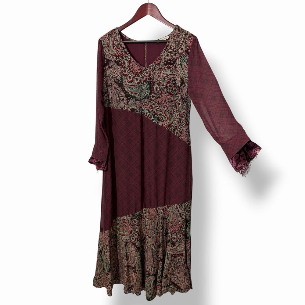 Soft Surroundings Aideen Mixed Print Maxi Dress Burgundy Paisley Boho PL